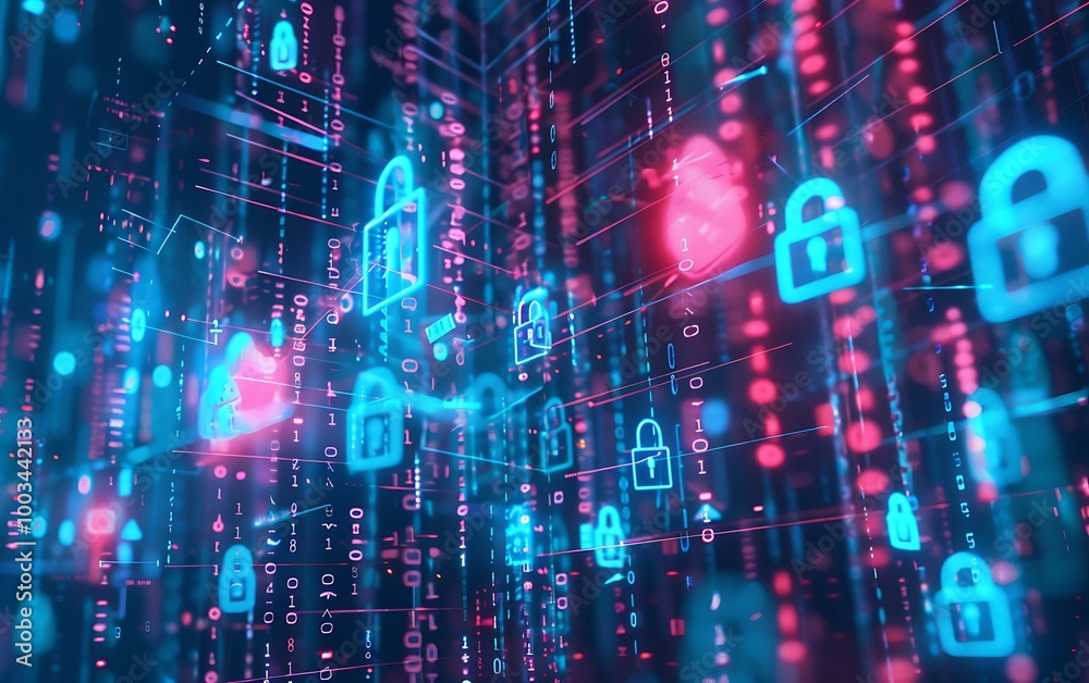 Abstract Digital Flow with Interconnected Nodes and Holographic Lock Symbols Abstract Digital Flow with Interconnected Nodes and Holographic Lock Symbols