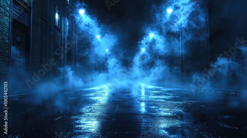 Obraz na płótnie Foggy Night Street with Blue Streetlights and Wet Pavement w salonie