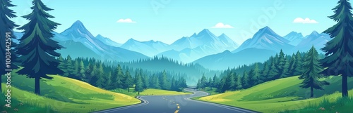 Obraz na płótnie Winding Road Through a Lush Green Forest with Majestic Blue Mountains in the Background w salonie