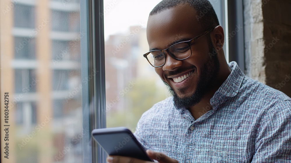 Happy Man Using Smartphone by Window Happy Man Using Smartphone by Window