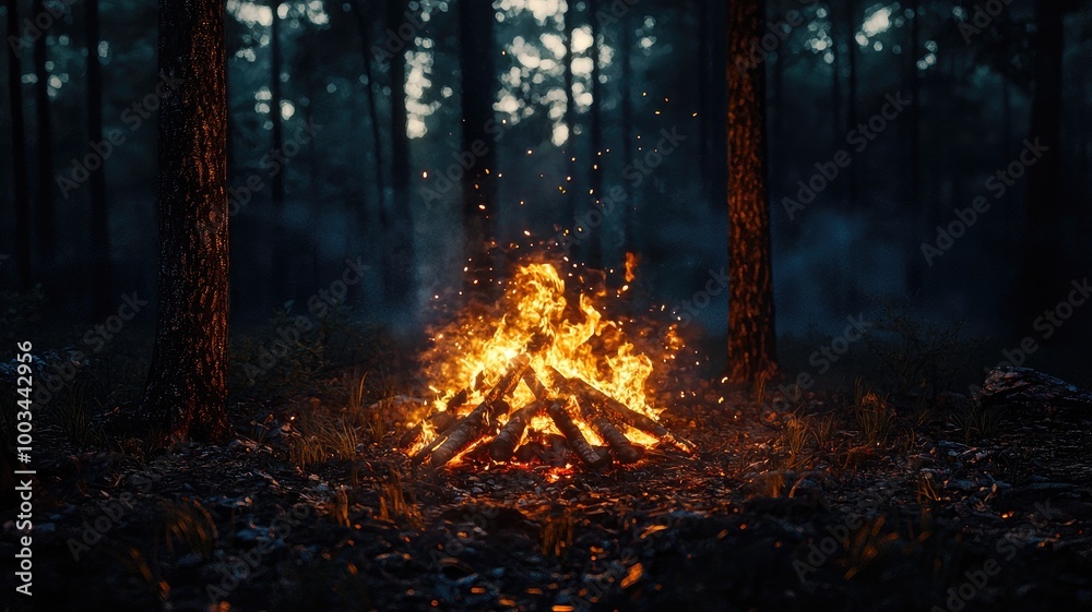A Campfire Burning Brightly in a Dark Forest