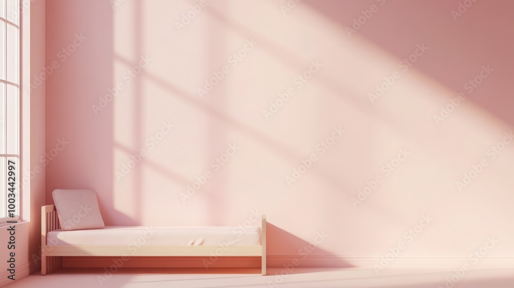 Mock up frame in an uncluttered empty room with pastel pink walls and a minimalist toddler bed, 3D render Mock up frame in an uncluttered empty room with pastel pink walls and a minimalist toddler bed, 3D render