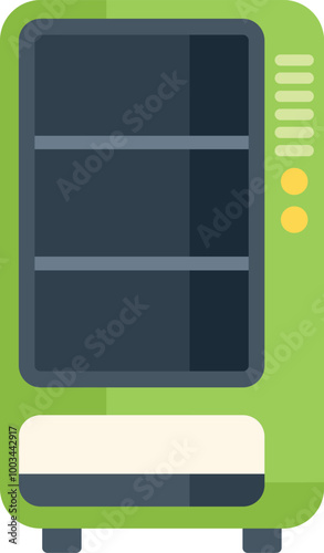 Green vending machine offering snacks and beverages, flat design icon