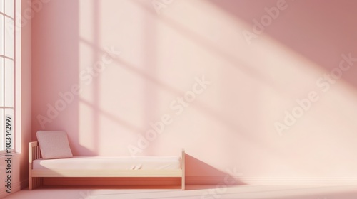 Mock up frame in an uncluttered empty room with pastel pink walls and a minimalist toddler bed, 3D render 