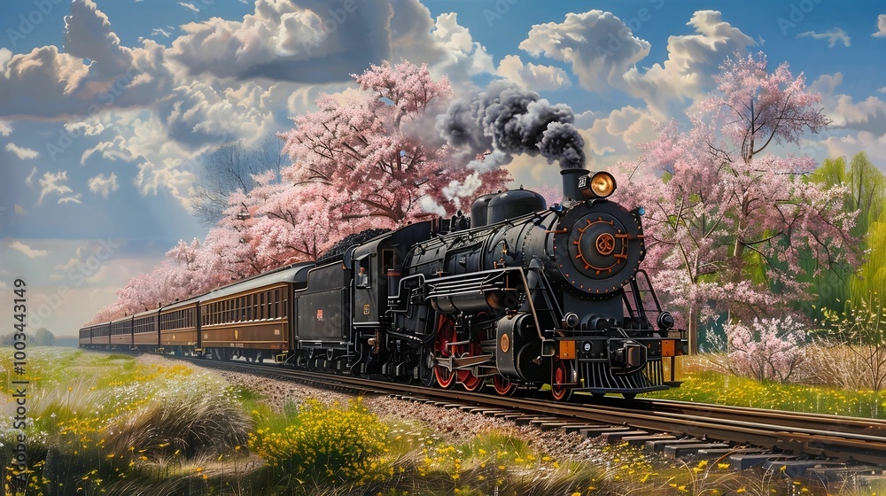 Fototapeta premium Train in the spring time. Wallpaper. Background