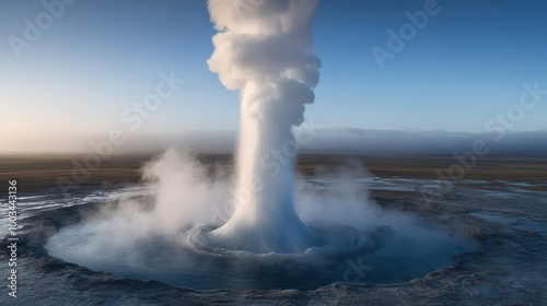 Geyser erupting with steam against clear blue sky, showcasing natural geothermal activity.