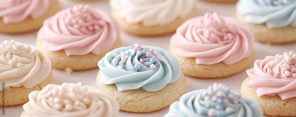 Delightful pastel cookies topped with creamy swirls of frosting, perfect for celebrations or sweet treats. Delightful pastel cookies topped with creamy swirls of frosting, perfect for celebrations or sweet treats.