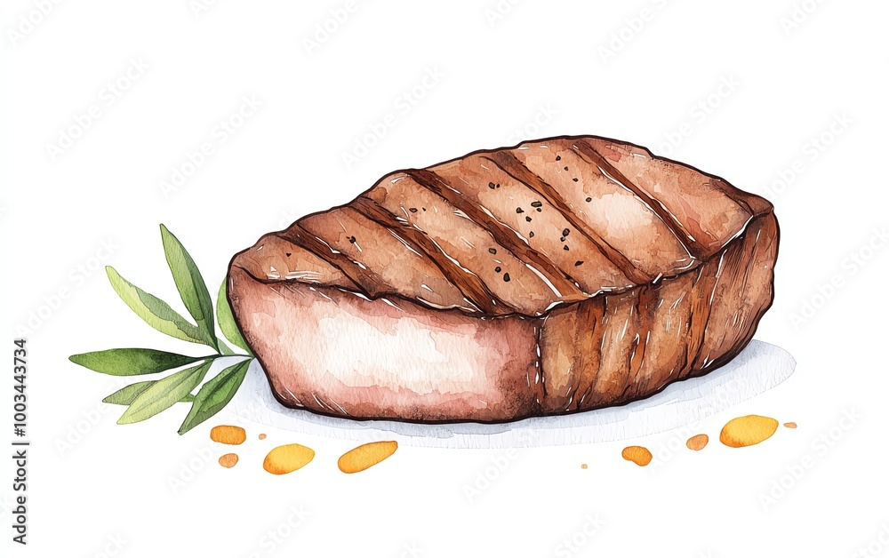 A delicious grilled steak, perfectly cooked with grill marks, garnished with fresh herbs on a white background. A delicious grilled steak, perfectly cooked with grill marks, garnished with fresh herbs on a white background.