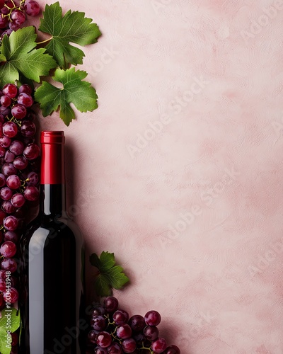A glass bottle of red wine surrounded by fresh purple grapes and green leaves on a soft pink background.