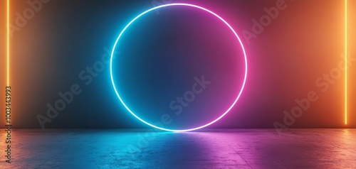 A glowing neon circle with vibrant blue and pink illumination against a dark background, creating a striking visual effect.