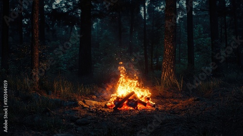 A Bright Campfire in a Dark Forest at Night