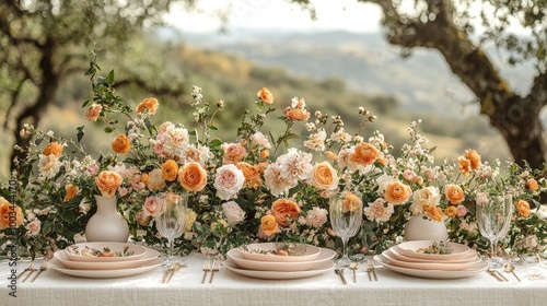 A beautifully arranged outdoor dining table adorned with floral decorations.