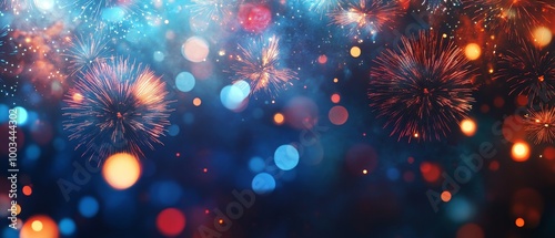 Festive celebration with colorful fireworks and bokeh lights in the night sky.