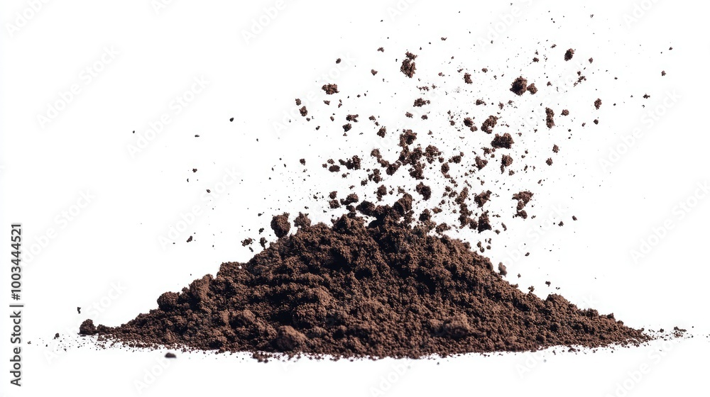 A flying pile of soil dirt suspended mid-air, scattering in every direction against a bright white background. A flying pile of soil dirt suspended mid-air, scattering in every direction against a bright white background.