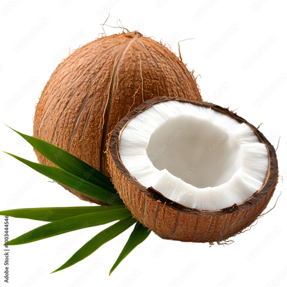 A group of coconuts with a broken coconut PNG cutout isolated on white and transparent background. A group of coconuts with a broken coconut PNG cutout isolated on white and transparent background.
