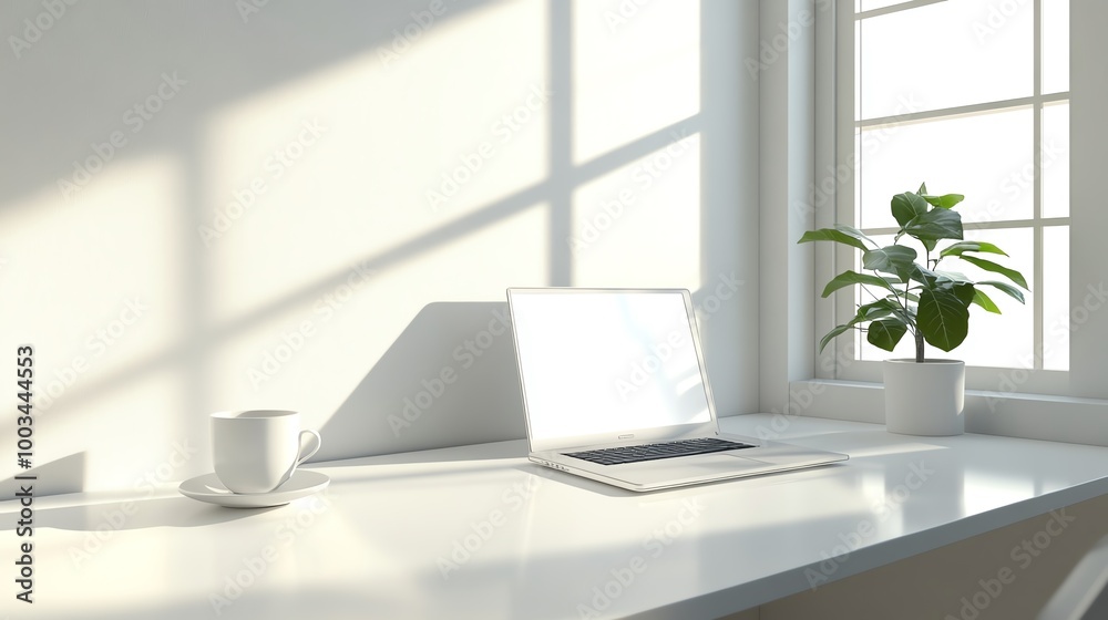 Modern workspace with laptop, plant, and cup. Modern workspace with laptop, plant, and cup.