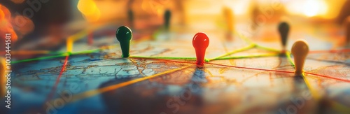 Colorful pins connected by strings on a map with a blurry background. photo