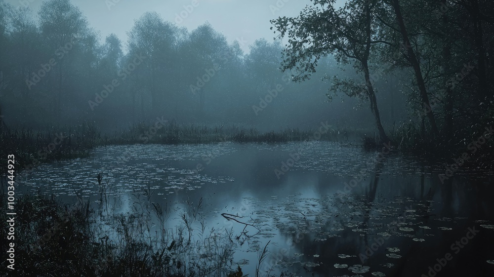 Fototapeta premium A Misty Forest Pond with Silhouetted Trees and Water Lilies