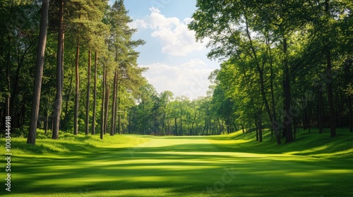 A well-maintained golf course surrounded by tall trees, with bright green grass and open skies on a sunny day.