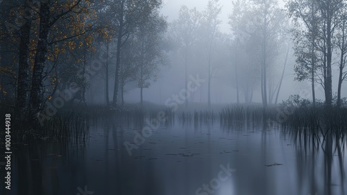 Misty Forest Lake with Silhouetted Trees and Reeds