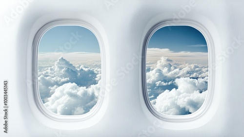 Airplane window template showcasing both the inside seat and the outside view of clouds and sky, offering a travel perspective.