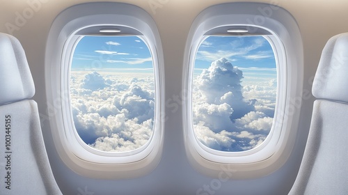 Airplane window template showing a dual view of the inside seat and outside sky with clouds, evoking travel and adventure.