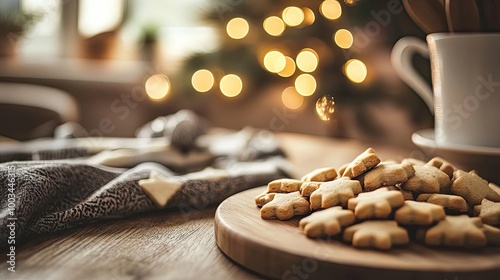 A cozy holiday scene featuring star-shaped cookies on a wooden platter, decorated with festive lights and a warm ambiance.
