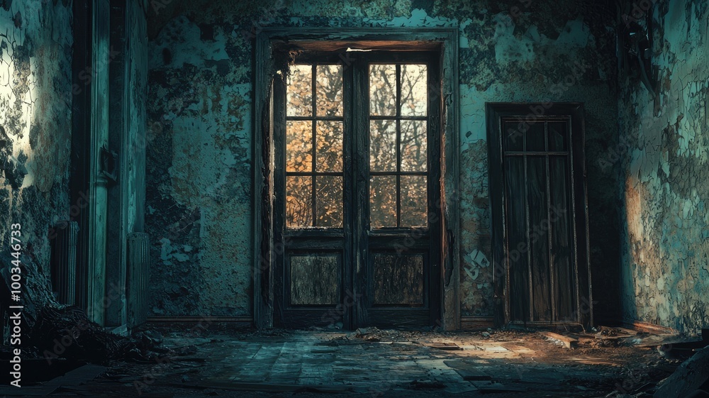 A Sunlit Window in a Decaying Building Interior A Sunlit Window in a Decaying Building Interior