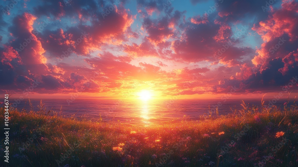 Vibrant sunset over the ocean with colorful clouds and flowers. Vibrant sunset over the ocean with colorful clouds and flowers.