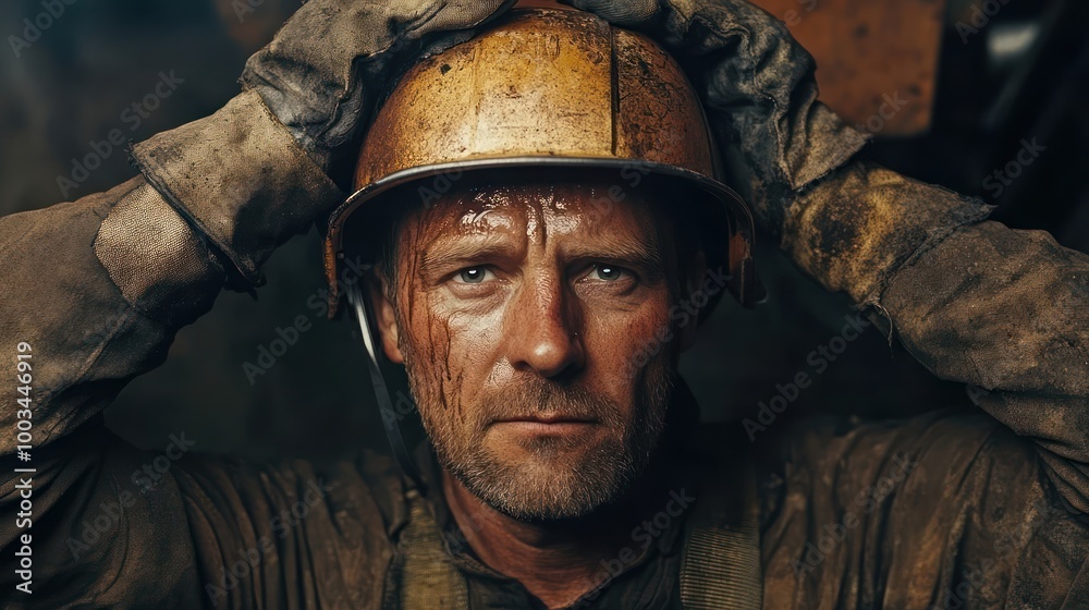 A close-up portrait of a man wearing a hardhat and dirty work clothes, looking intensely at the camera. A close-up portrait of a man wearing a hardhat and dirty work clothes, looking intensely at the camera.