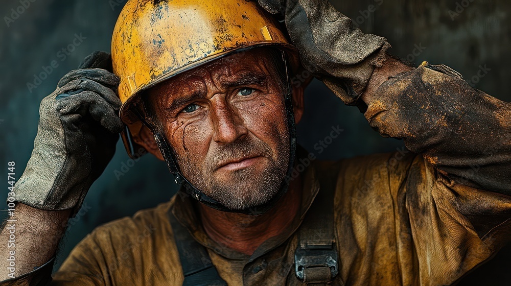 A close-up portrait of a tired, dirty construction worker wearing a hard hat and gloves.