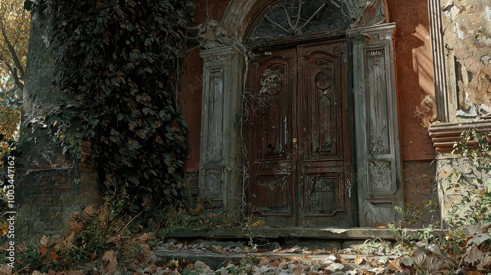 Overgrown Entrance to an Old Building with a Worn Wooden Door Overgrown Entrance to an Old Building with a Worn Wooden Door