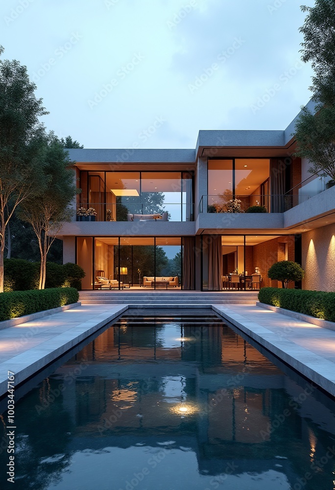 Fototapeta premium Symmetrical Architecture Mansion with Large Glass Windows and Polished Stone Exterior