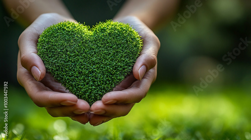 Human hands gently cradle a heart-shaped patch of vibrant green grass, symbolizing love for nature, environmental awareness, and the importance of nurturing our planet for future generations