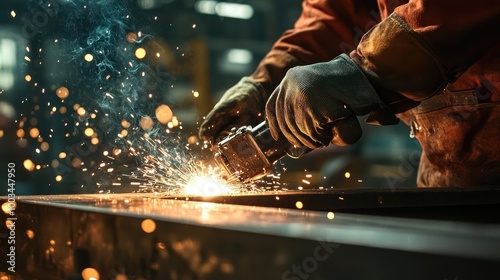 A close-up shot of a welder working on a metal beam with sparks flying everywhere.