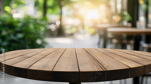Rustic Wooden Table in Sunny Outdoor Cafe Setting