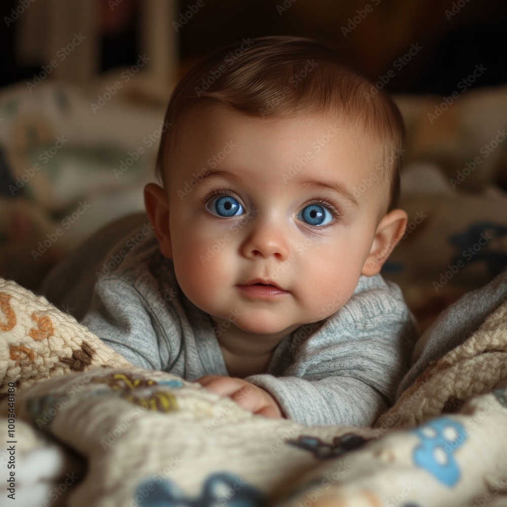 A baby with bright blue eyes is lying on its stomach on a patterned blanket, looking up at the camera. A baby with bright blue eyes is lying on its stomach on a patterned blanket, looking up at the camera.