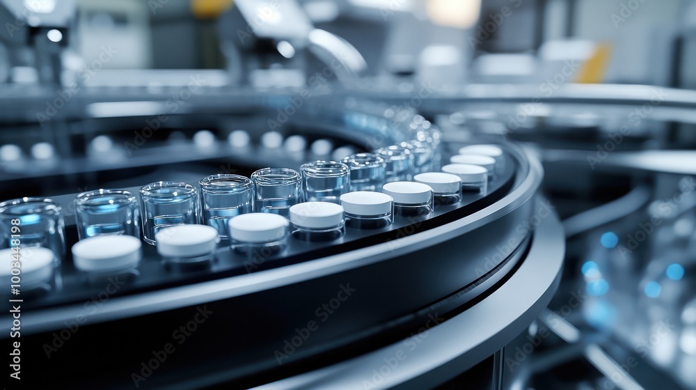 A close-up view of a production line with bottles of liquid on a conveyor belt. A close-up view of a production line with bottles of liquid on a conveyor belt.