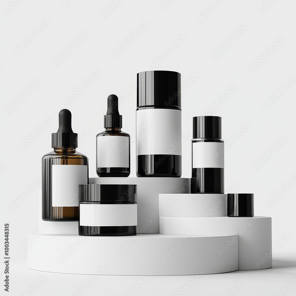 Cosmetic bottles with blank labels on a white background. 3d illustration Cosmetic bottles with blank labels on a white background. 3d illustration