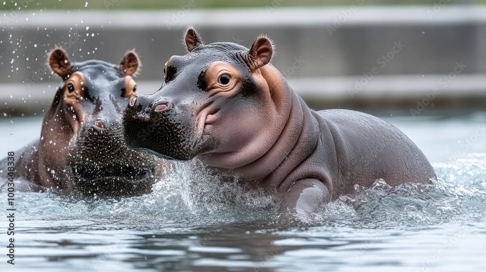 Fototapeta premium Two hippos swimming together in a tranquil water setting.