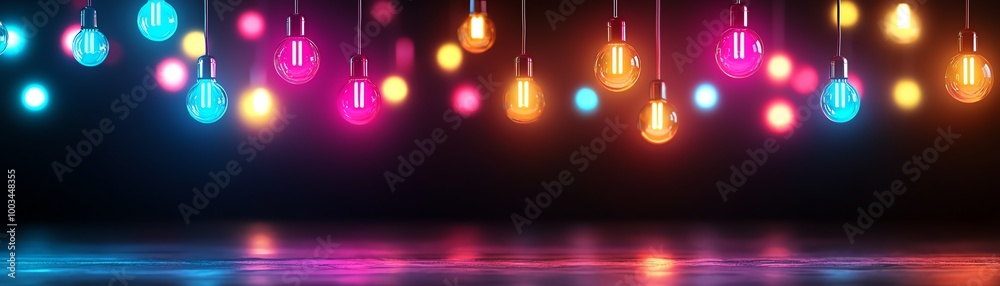 Colorful hanging lightbulbs create a vibrant atmosphere perfect for festive occasions against a dark background. Colorful hanging lightbulbs create a vibrant atmosphere perfect for festive occasions against a dark background.