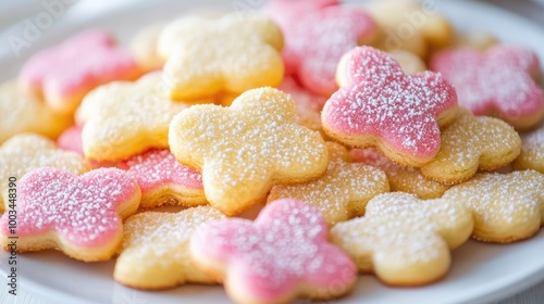 A vibrant assortment of flower-shaped cookies, decorated with pink icing and sprinkled with powdered sugar, perfect for celebrations.