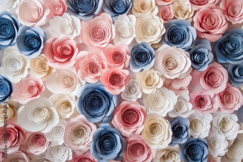 Close-up of pastel-colored paper flowers, including pink, cream, light blue, and peach shades. Close-up of pastel-colored paper flowers, including pink, cream, light blue, and peach shades.