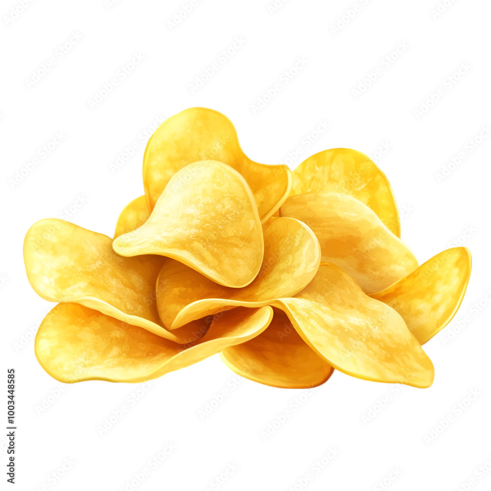 Bunch of delicious golden and crispy potato chips isolated on white and transparent background. PNG cutout. Bunch of delicious golden and crispy potato chips isolated on white and transparent background. PNG cutout.