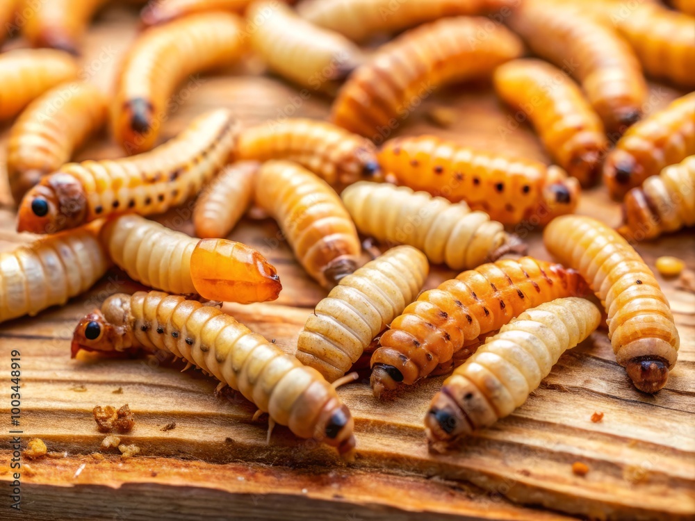 A close-up of woodworm larvae reveals nature's captivating destruction as these tiny creatures drill into wood, A close-up of woodworm larvae reveals nature's captivating destruction as these tiny creatures drill into wood,