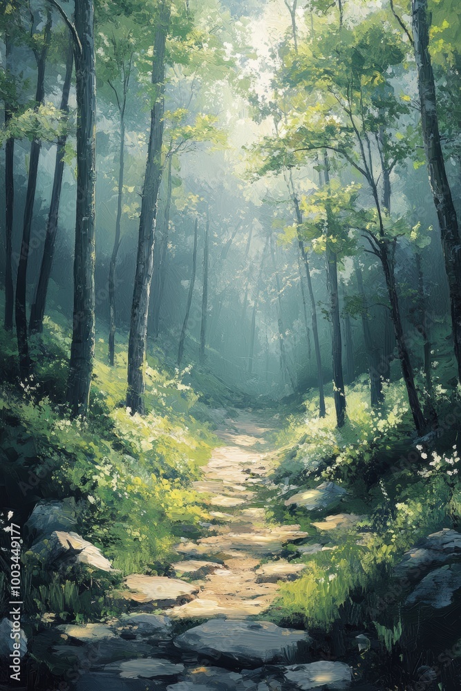 Fototapeta premium Serene Forest Pathway Through Lush Greenery