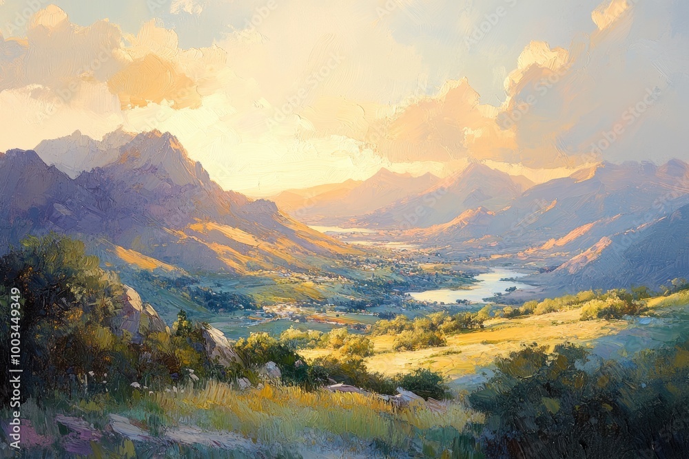 Fototapeta premium Serene Mountain Valley at Sunset with Golden Light