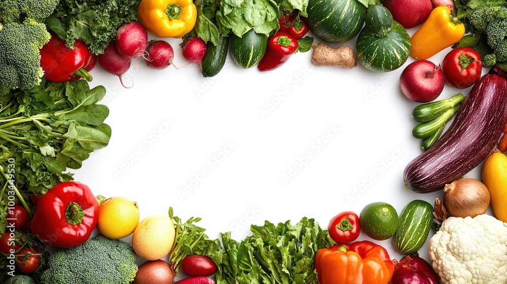 A colorful arrangement of fresh produce creates a frame around a white background. A colorful arrangement of fresh produce creates a frame around a white background.