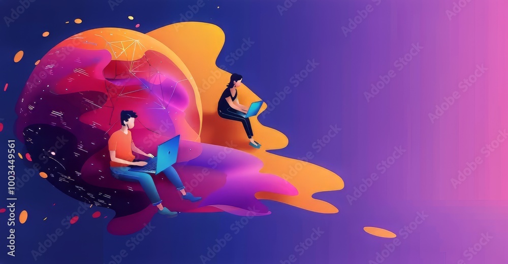 Two young men working on laptops, surrounded by vibrant graphics and abstract shapes. Two young men working on laptops, surrounded by vibrant graphics and abstract shapes.