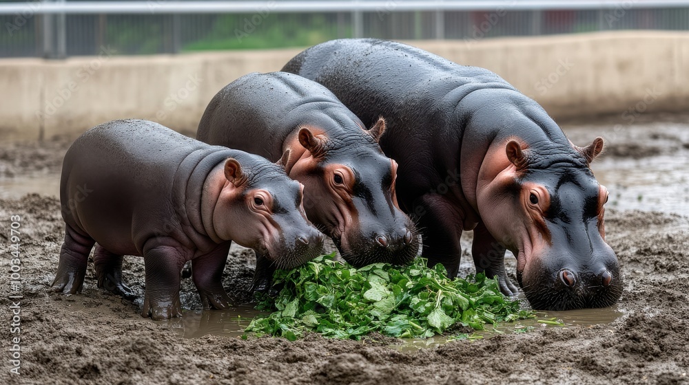 Three hippos feeding on greens in a muddy habitat. Three hippos feeding on greens in a muddy habitat.